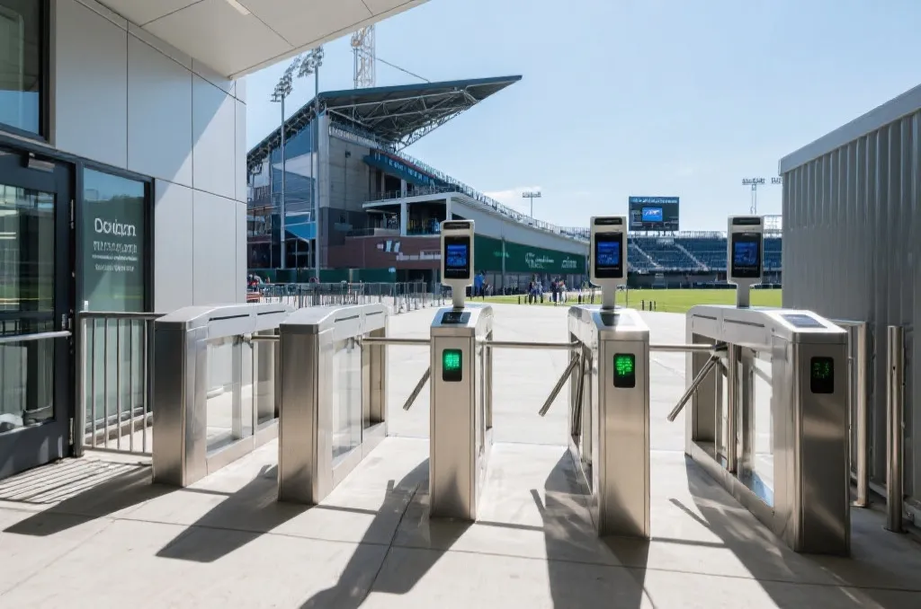 A clean modern security turnstile at a sports stadium entrance with a glowing digital scanner, bright daylight, professional architectural photography